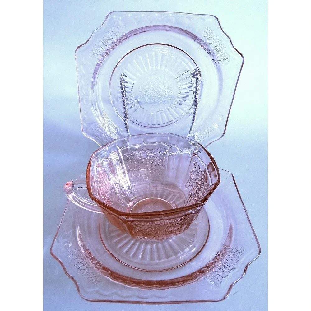 Anchor Hocking Mayfair Open Rose Cup, 2 Saucers Pink Depression Glass 1930s
